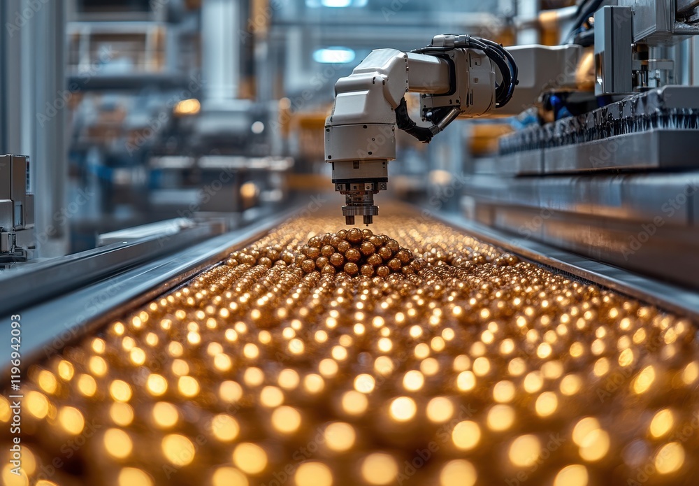 Poster advanced robotic arm sorting golden orbs on a high-tech production line in a modern factory environm
