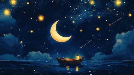 Naklejka premium A starry night sky filled with shooting stars, a giant crescent moon,