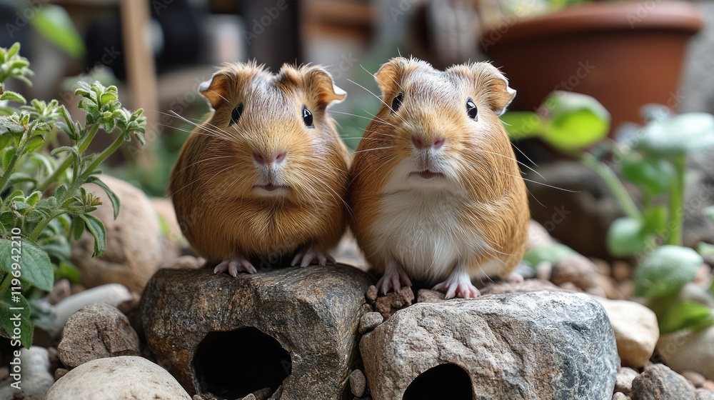 Poster a pair of guinea pigs exploring their elaborate cage setup, complete with tunnels and hideouts,