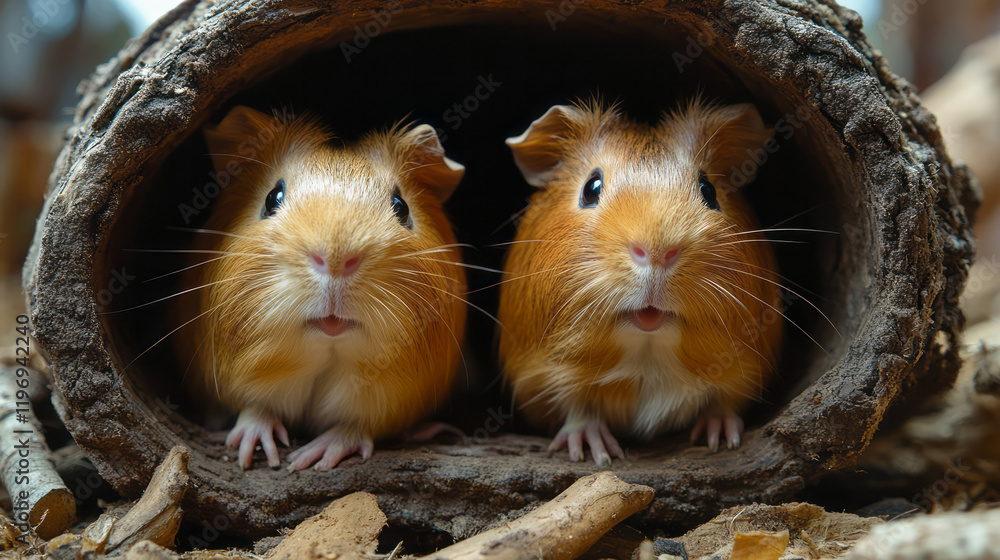 Poster a pair of guinea pigs exploring their elaborate cage setup, complete with tunnels and hideouts,