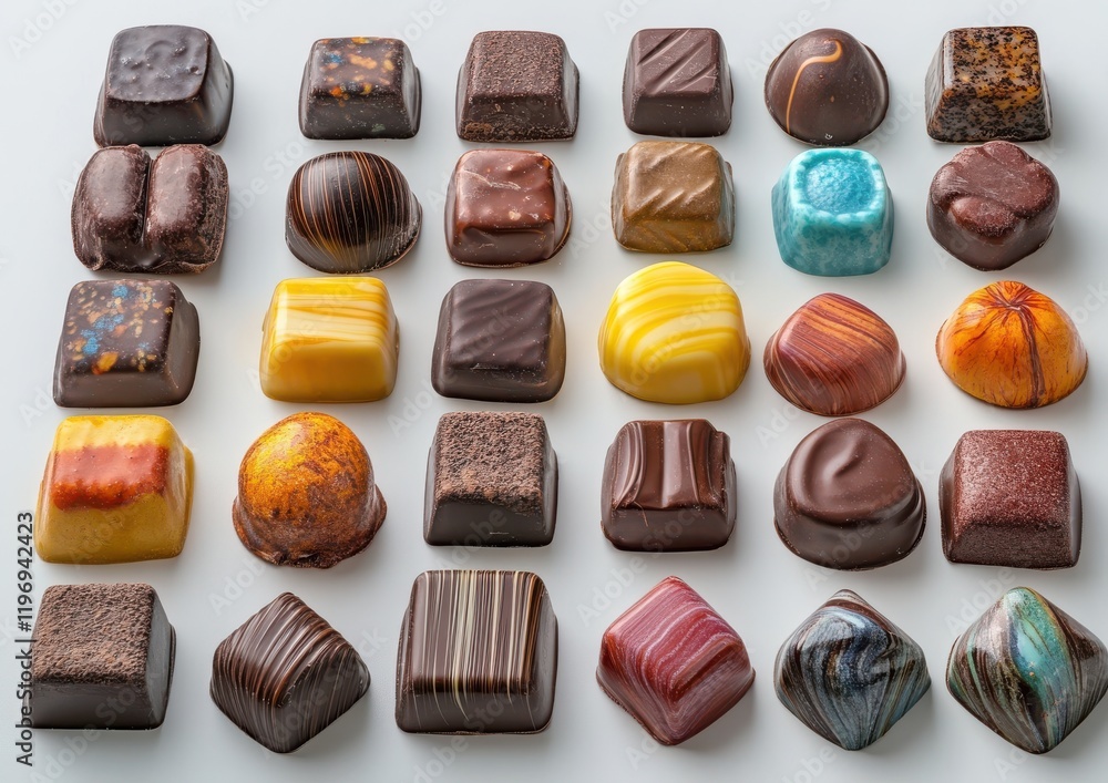 Poster an array of gourmet chocolatetruffles in various shapes and colors showcasing the art of confectione