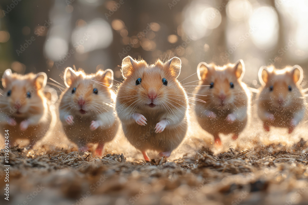 Poster a group of hamsters running energetically on their wheel in a well-maintained cage with soft bedding