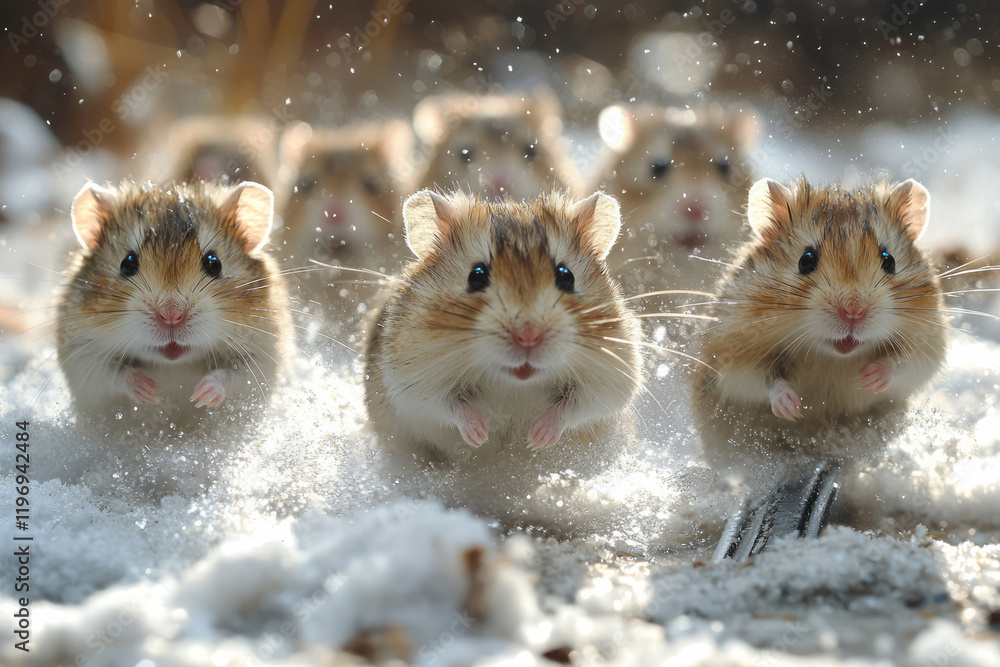 Poster a group of hamsters running energetically on their wheel in a well-maintained cage with soft bedding