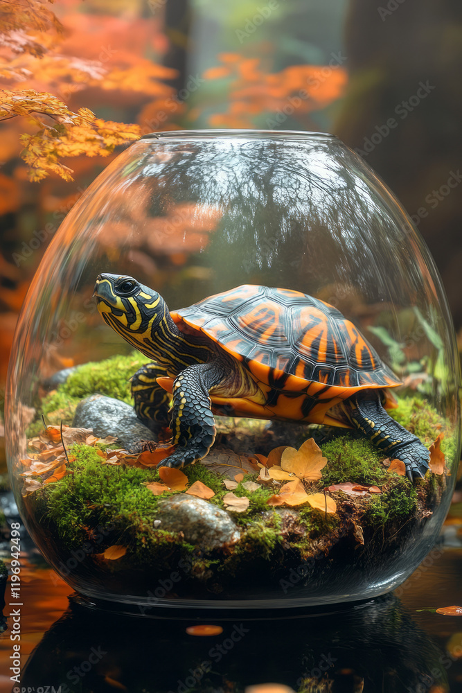 Aufkleber a charming scene of a turtle slowly making its way across a terrarium filled with natural elements,