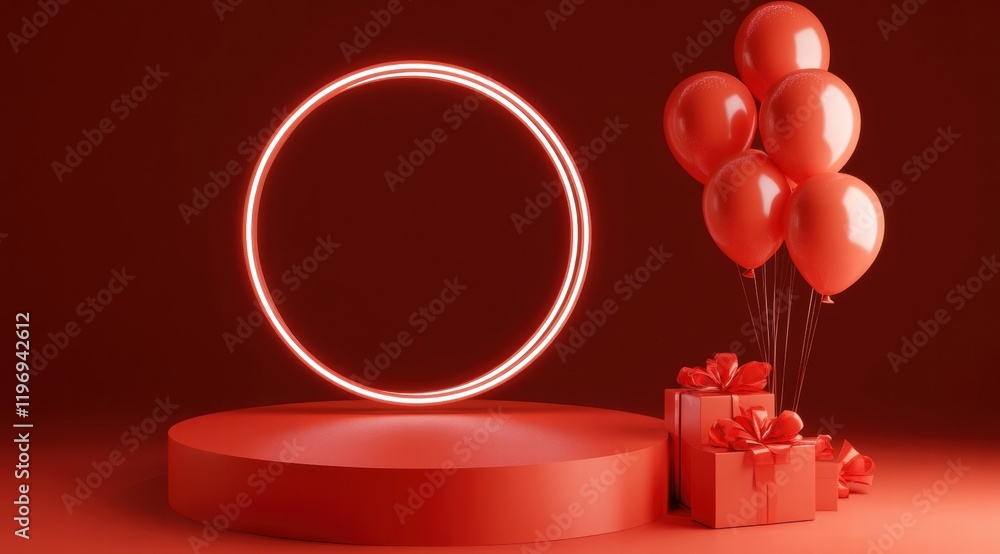 Poster 3d rendering with a red background, featuring a podium with a circular light frame and balloon decor