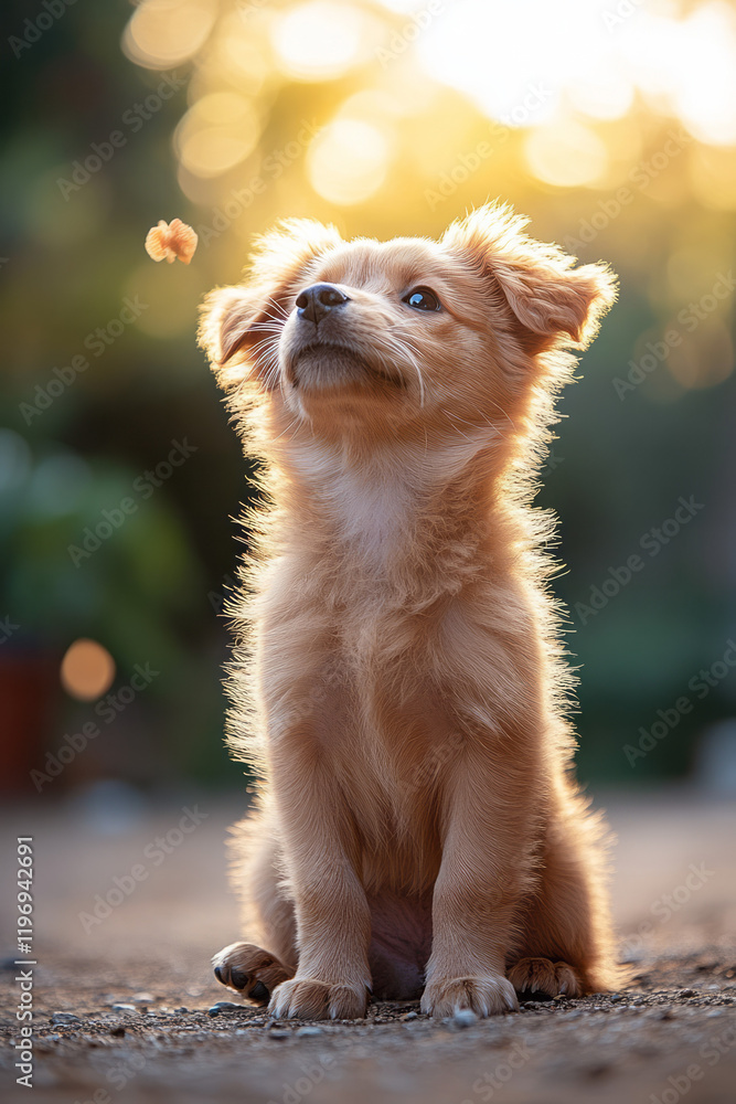 Poster a delightful puppy learning new tricks with the help of its owner in a bright, open backyard,