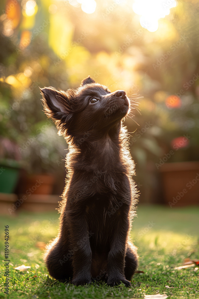 Poster a delightful puppy learning new tricks with the help of its owner in a bright, open backyard,