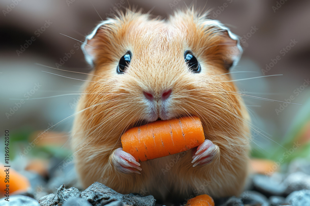 Poster a charming guinea pig munching on a carrot in a beautifully arranged habitat with tunnels and toys,