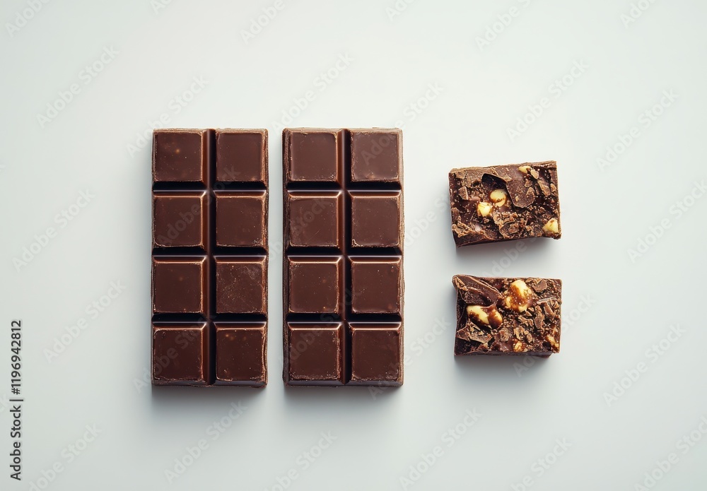 Poster assorted chocolate varieties displayed on a light gray background with dark chocolate bars and crunc