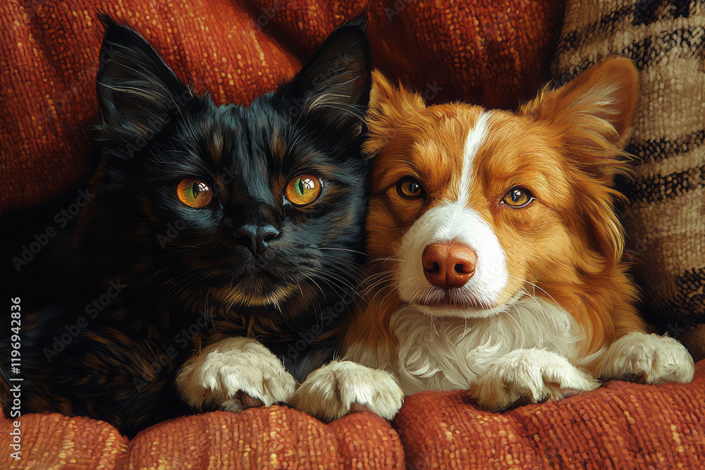 Poster A playful scene of a cat and dog engaging in a friendly game of hide and seek in a cozy home setting,