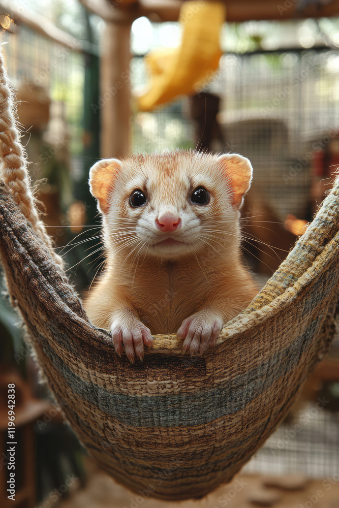 Poster An inquisitive ferret exploring its multi-level cage, complete with hammocks and climbing structures,