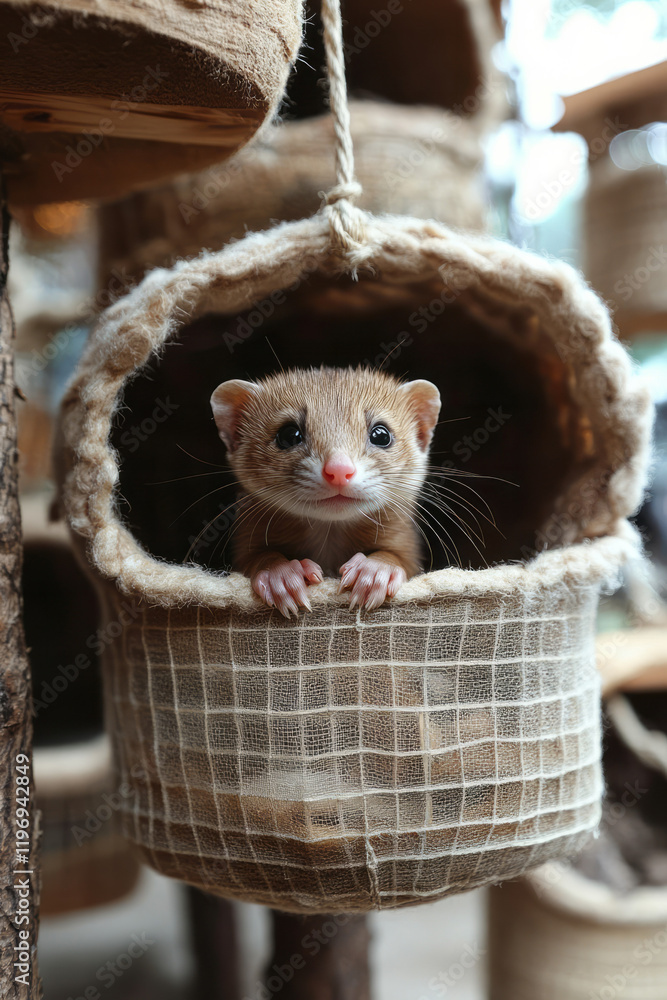 Poster An inquisitive ferret exploring its multi-level cage, complete with hammocks and climbing structures,