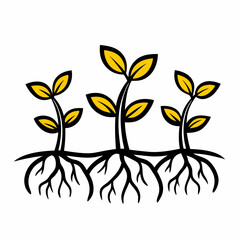 Graphic representation of three young plants with yellow leaves and visible black roots, symbolizing growth