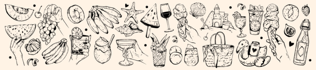 Summer fresh fruit beverages doodle set, vector hand drawn tropical drinks, beach refreshment sketch. Exotic jungle cocktail, watermelon slice, hand with ice cream cone, lemonade. Summer cocktail kit © Oleksandra