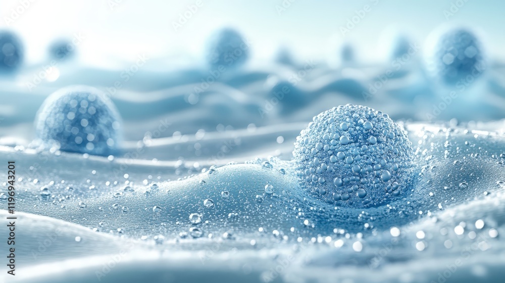 Poster close-up of blue water droplets on spherical shapes in a fluid surface with soft focus and dreamy ba