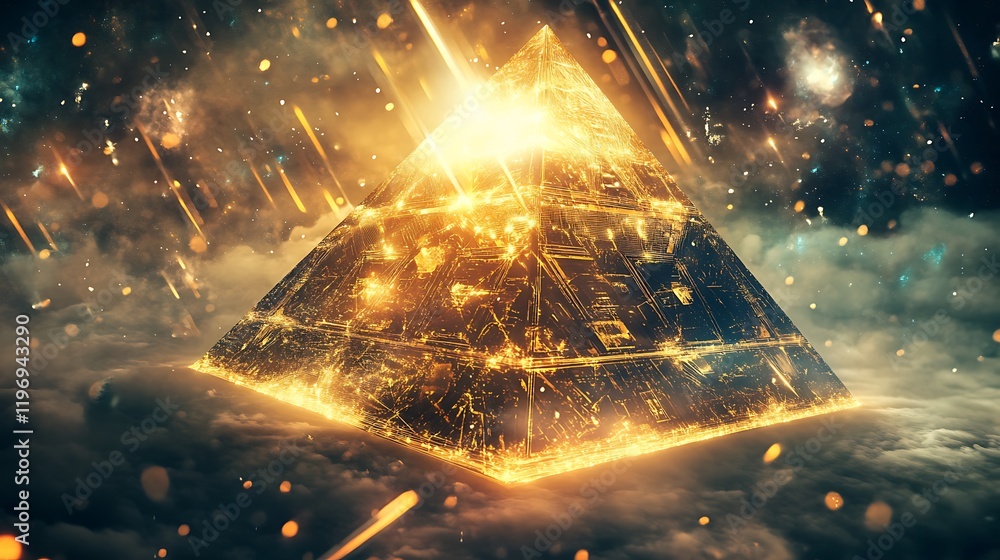 Poster a floating pyramid with abstract patterns radiating energy beams