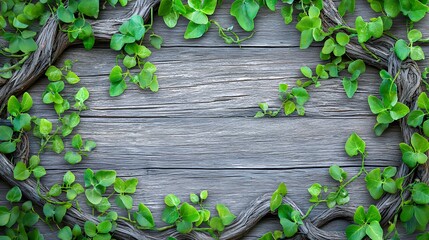 Wooden Background Decorated with Lush Green Vines