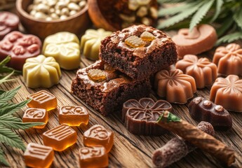 Assorted Delicious Candies and Brownies on Wooden Table Surrounded by Colorful Treats and Natural Elements for Sweet Inspirations and Culinary Delights