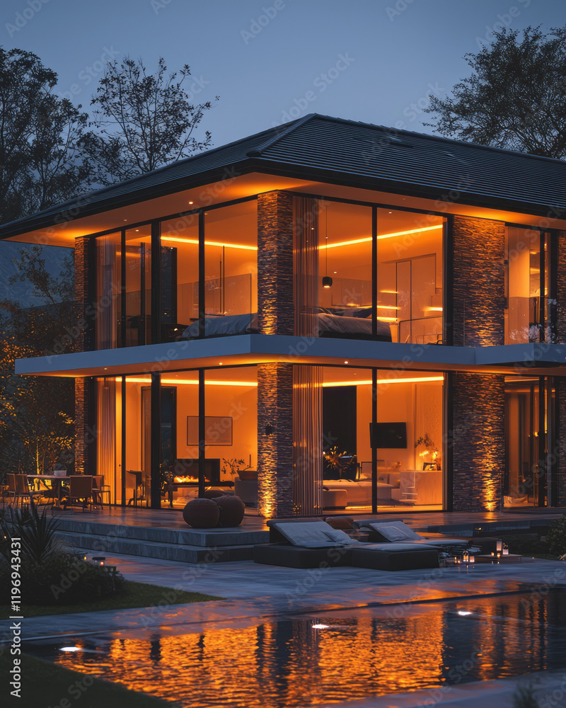 Poster a smart home setup featuring automated lighting, climate control, and integrated security systems fo