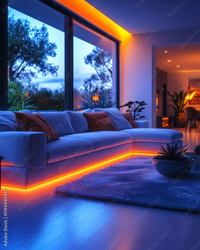 Poster a smart home setup featuring automated lighting, climate control, and integrated security systems fo
