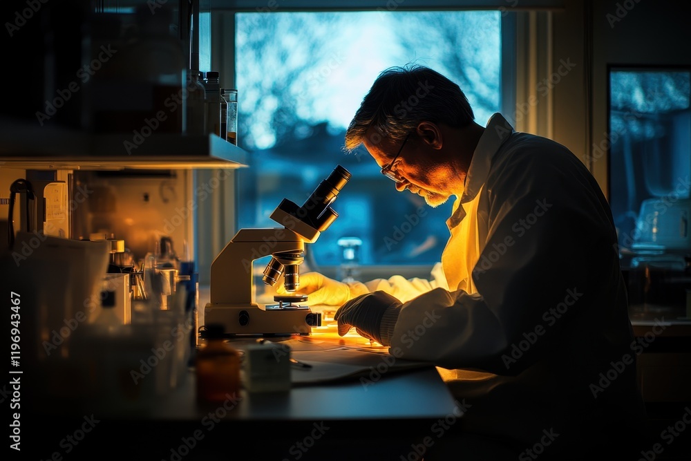 Poster scientist examining samples under microscope in a laboratory during evening hours