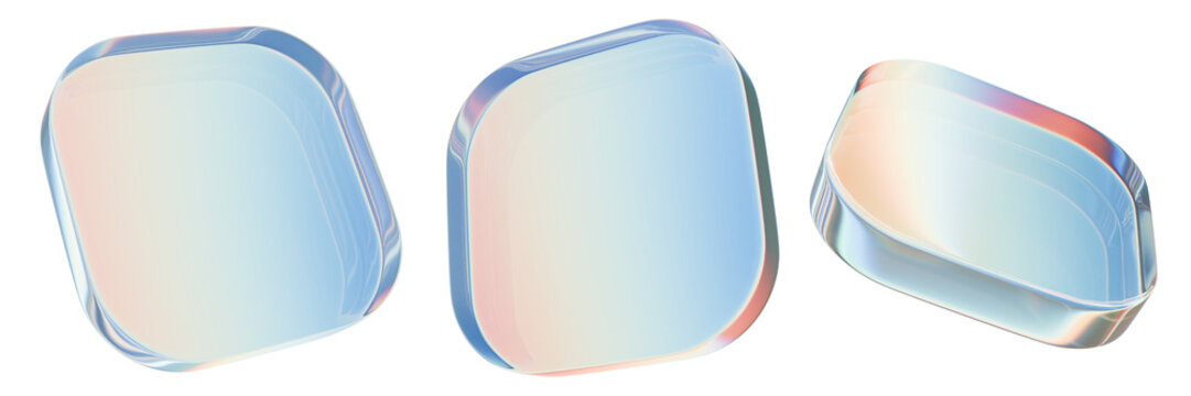 3D glass square panel set, geometric abstract holographic rectangle figure, acrylic glossy material. Cyber shiny plastic screen, transparent gradient blue badge icon. 3D glass render empty plate angle