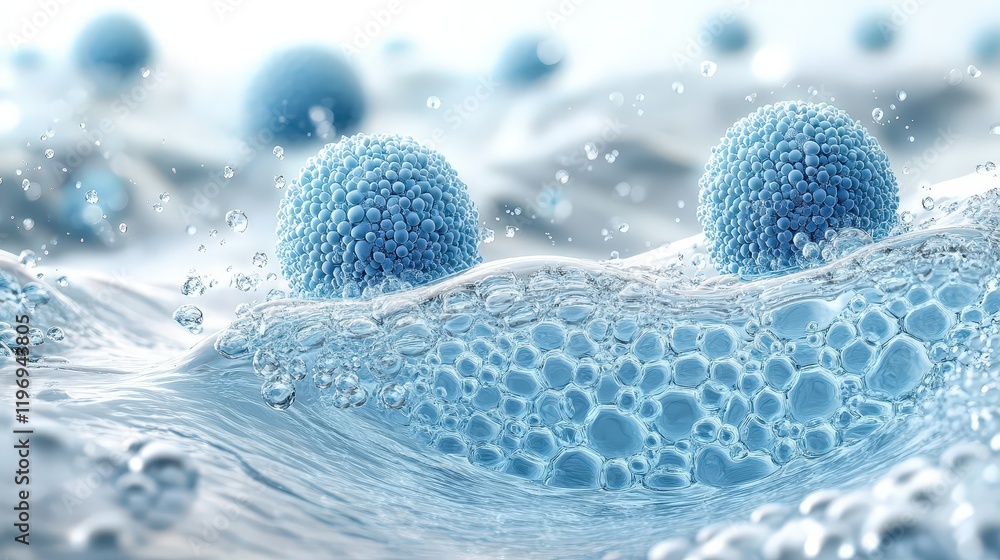Poster close-up of water droplets on a blue sphere in a calm fluid environment with soft bokeh background a