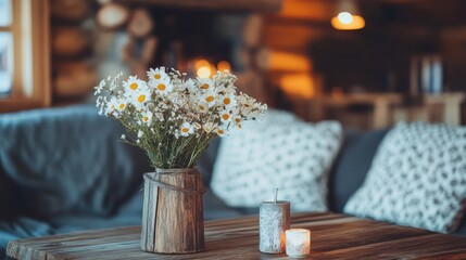 A cozy reception area with a rustic wooden vase of fresh flowers.