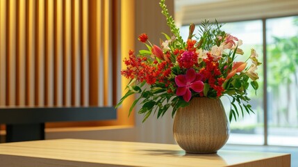 Fototapeta premium A cozy reception area with a small bouquet of garden flowers in a ceramic vase.