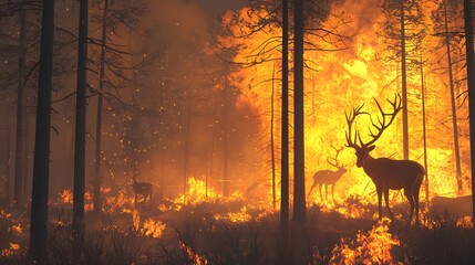 Wildlife struggles amidst devastating forest fire national park nature photography fiery environment dramatic viewpoint survival concept