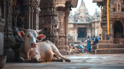 Sacred Cow Rests at Ancient Indian Temple, Intricate Stone Carvings