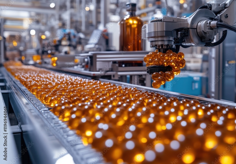 Poster automated robotic arm handling transparent amber capsules on production line in modern factory setti