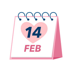 Calendar for Valentine’s Day in flat design on white background. 14 February.