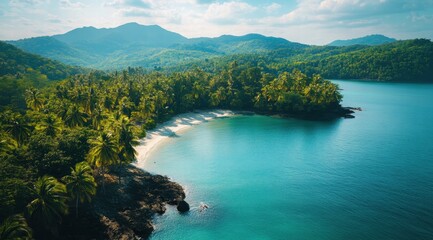 Obraz premium A stunning aerial view of an isolated tropical island, with white sandy beaches 