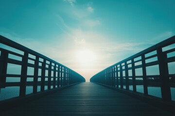 Serenity of a wooden bridge leading towards a bright horizon under a clear sky
