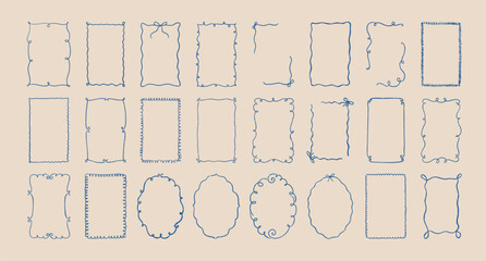 Hand draw retro frames. Doodle vintage border with ribbon and bow for wedding invitation, party card, postcard design. Line simple swirly silhouette. Vector set