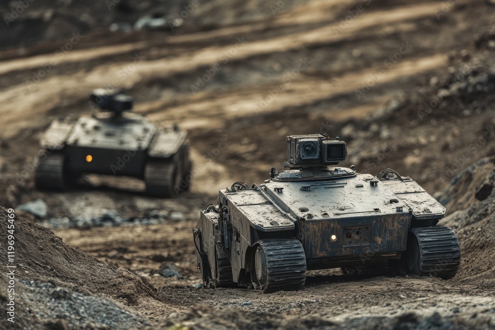 Poster military robots navigate rugged terrain during a tactical training exercise in an isolated area