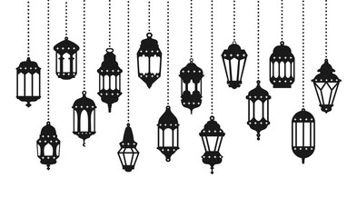 Ramadan lantern banner. Arabic border with silhouette lanterns. Celebration banner with decorative hanging lamps. Eastern oriental background. Ramadan Kareem vector concept