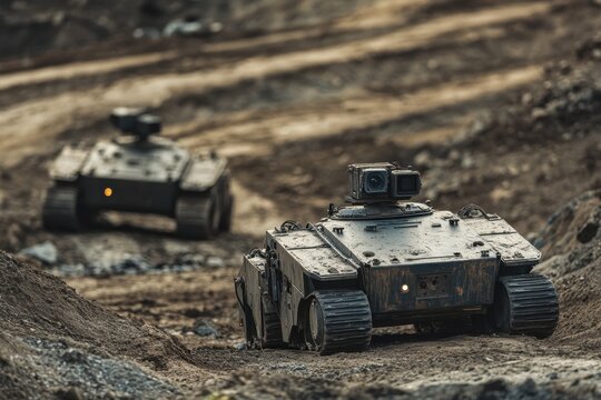 Military robots navigate rugged terrain during a tactical training exercise in an isolated area