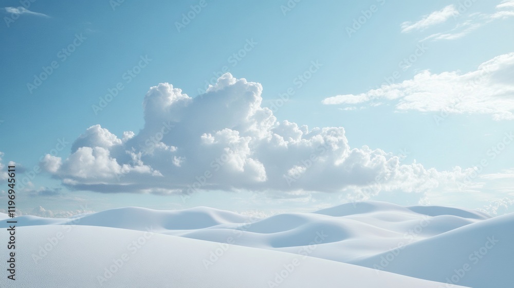 Poster Expansive snow covered landscape under a blue sky with fluffy clouds creating a serene and tranquil atmosphere. Generative AI