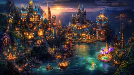 Fototapeta premium A glowing Earth with vibrant city lights and sunlight illuminating the oceans.