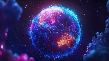 Obraz premium A glowing Earth with vibrant city lights and sunlight illuminating the oceans.