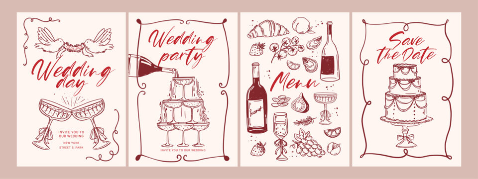 Hand drawn wedding invitation. Save the date card. Sketch line elegant elements. Celebration cards. Menu, wine, glass. Dolce vita vector postcards, social media, poster - Powered by Adobe