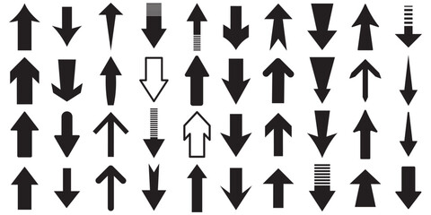 Arrow icon set. Collection different arrow signs. Black arrows icons.  Arrow black icons isolated on white background. Black direction pointers. Black curved arrows.  Set of many different arrow icon.
