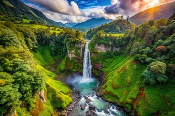 Ecuadorian Andes: Sangay Waterfall's cascading beauty, captured from a high-altitude drone.