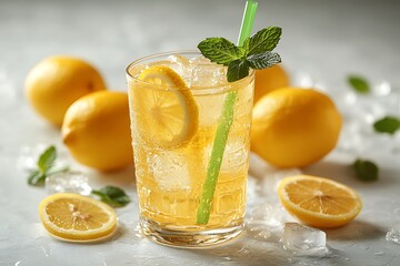 Fototapeta premium Fresh lemonade with crushed ice and lemon.