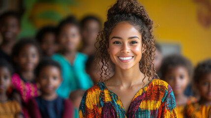 A teacher organizing a cultural day where children share and celebrate their diverse backgrounds through presentations and traditional attire,