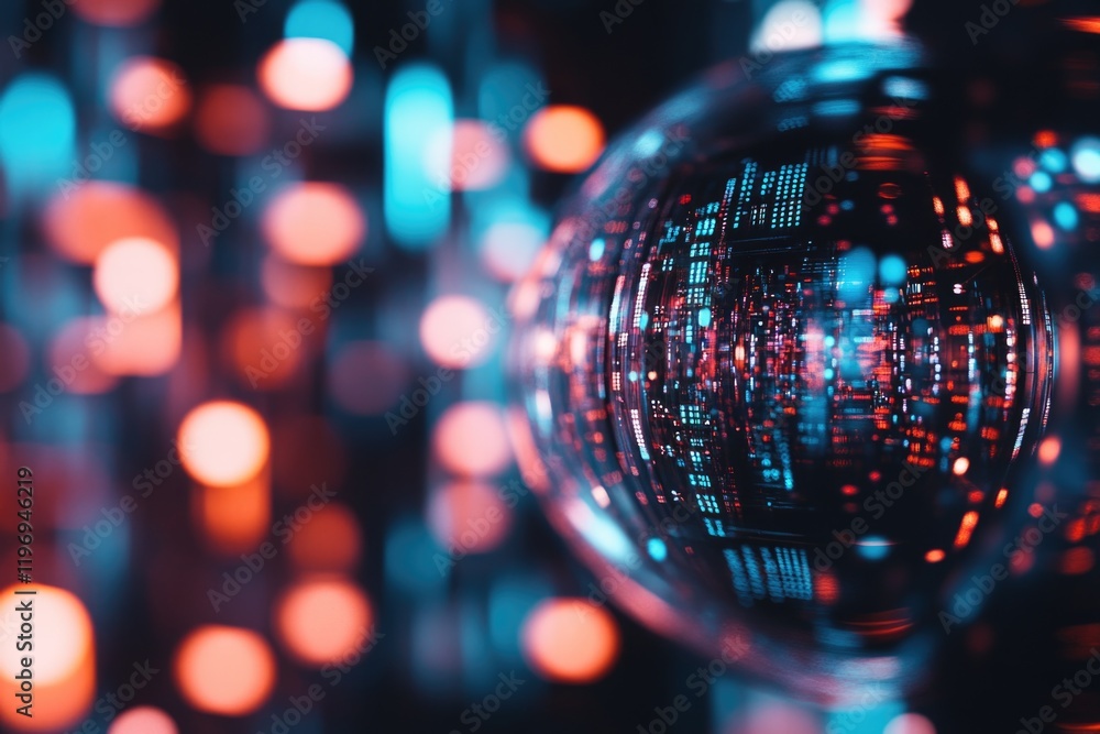 Poster a close-up view of a sphere with lights shining in the background, suitable for use in futuristic or