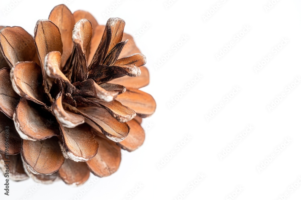Poster a detailed view of a pine cone on a white background, ideal for use in designs and graphics