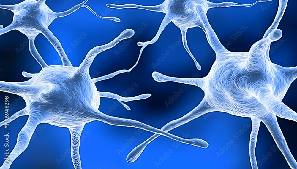Poster microscopic view of intricate neuron network; complex neural connections, synapses firing, brain cel